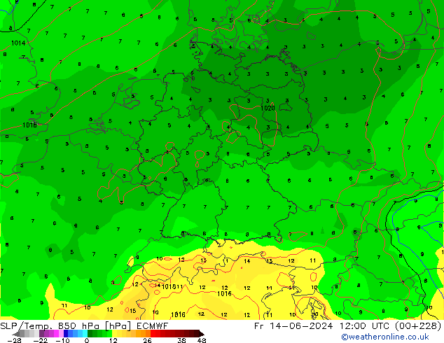 SLP/Temp. 850 гПа ECMWF пт 14.06.2024 12 UTC