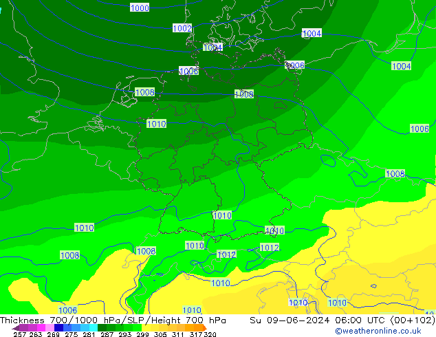 Thck 700-1000 hPa ECMWF Dom 09.06.2024 06 UTC