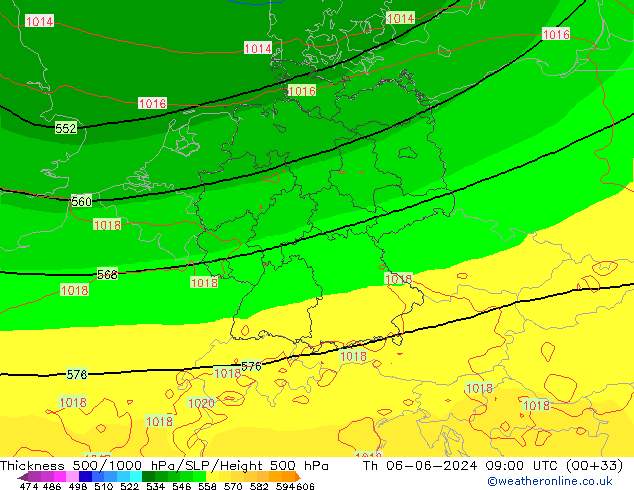 Espesor 500-1000 hPa ECMWF jue 06.06.2024 09 UTC