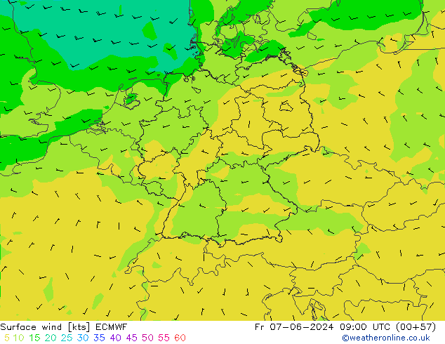 wiatr 10 m ECMWF pt. 07.06.2024 09 UTC