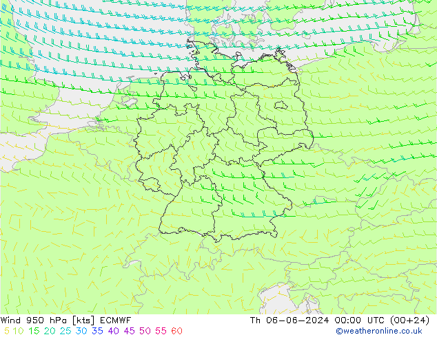 Wind 950 hPa ECMWF Th 06.06.2024 00 UTC