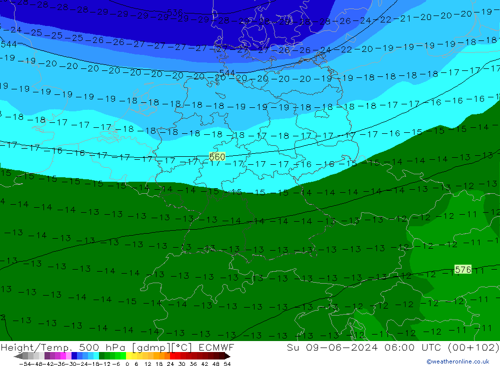 Z500/Regen(+SLP)/Z850 ECMWF zo 09.06.2024 06 UTC