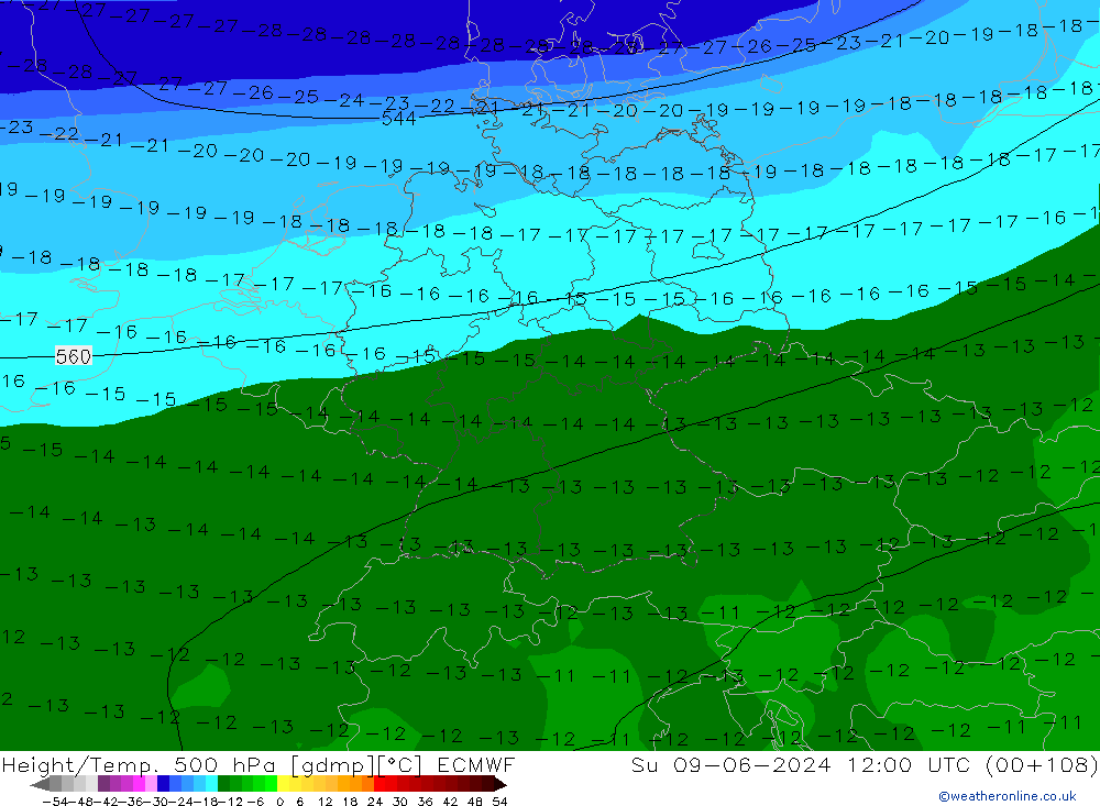 Z500/Rain (+SLP)/Z850 ECMWF Вс 09.06.2024 12 UTC