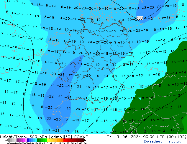 Height/Temp. 500 hPa ECMWF Čt 13.06.2024 00 UTC