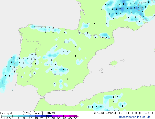 Precipitation (12h) ECMWF Pá 07.06.2024 00 UTC