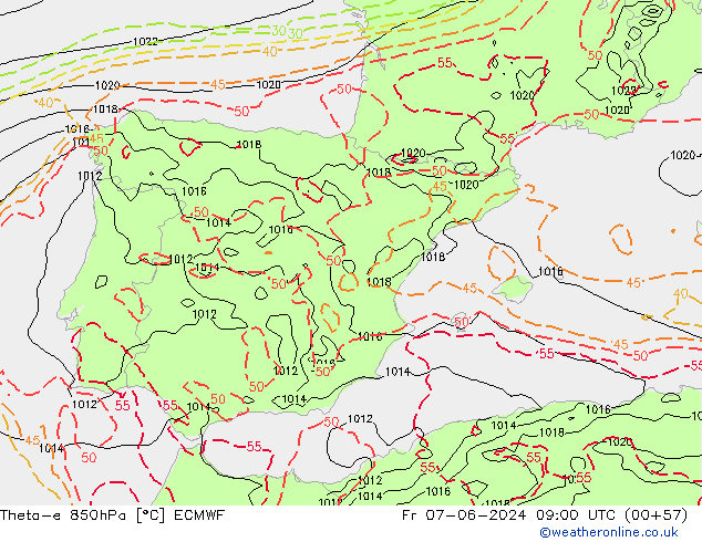 Theta-e 850hPa ECMWF vie 07.06.2024 09 UTC