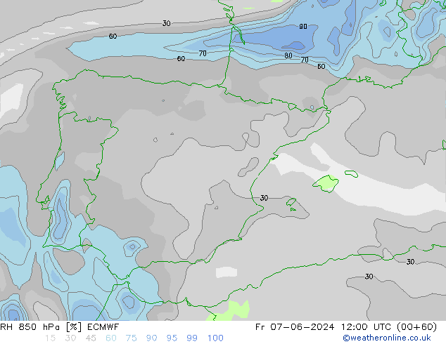 RH 850 hPa ECMWF Pá 07.06.2024 12 UTC