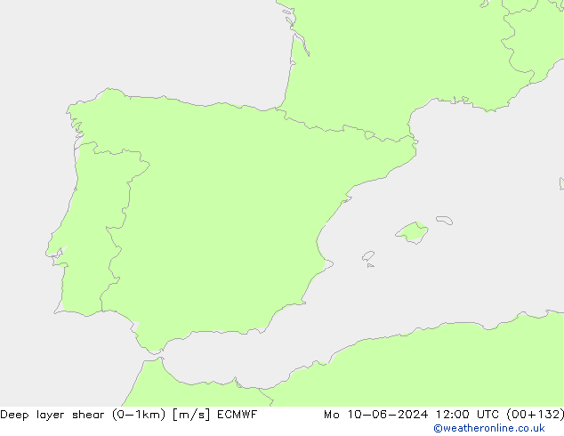 Deep layer shear (0-1km) ECMWF pon. 10.06.2024 12 UTC
