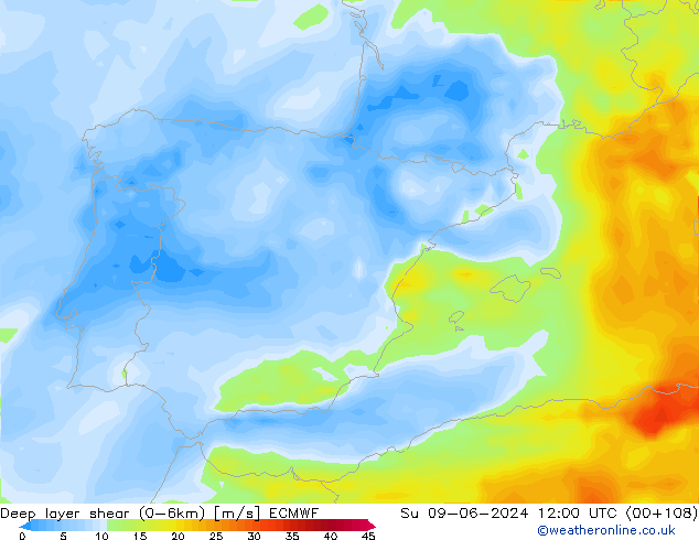 Deep layer shear (0-6km) ECMWF Dom 09.06.2024 12 UTC