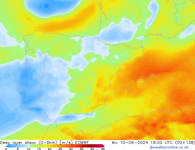 Deep layer shear (0-6km) ECMWF lun 10.06.2024 18 UTC