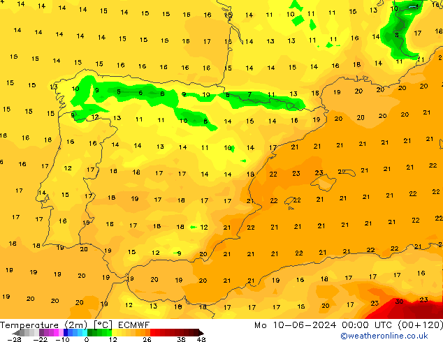 Temperature (2m) ECMWF Mo 10.06.2024 00 UTC