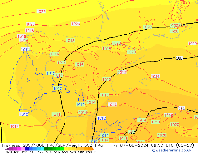 Espesor 500-1000 hPa ECMWF vie 07.06.2024 09 UTC