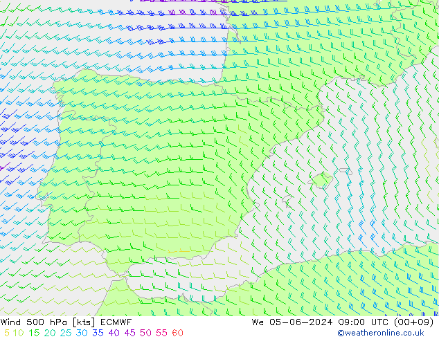 Vento 500 hPa ECMWF Qua 05.06.2024 09 UTC