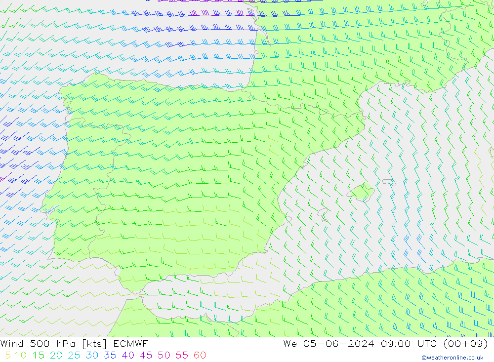 Vento 500 hPa ECMWF Qua 05.06.2024 09 UTC