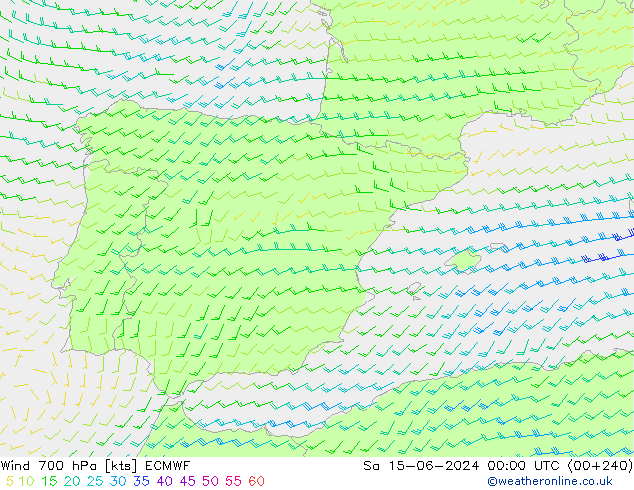 wiatr 700 hPa ECMWF so. 15.06.2024 00 UTC