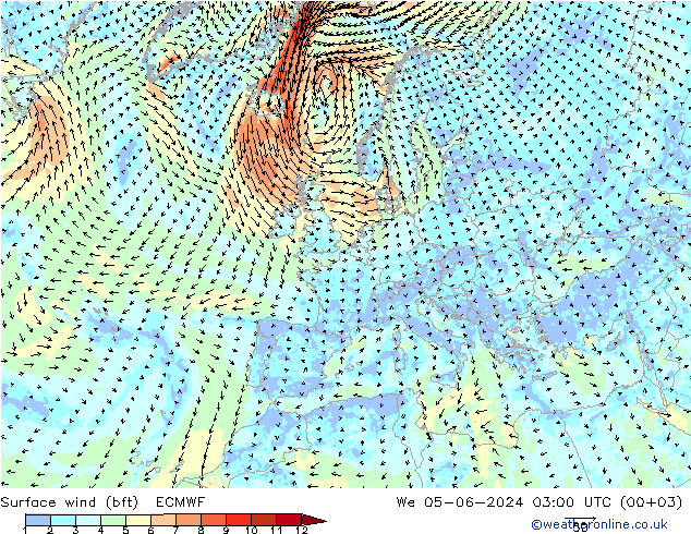 Surface wind (bft) ECMWF We 05.06.2024 03 UTC