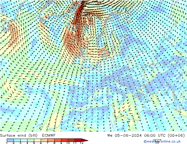 wiatr 10 m (bft) ECMWF śro. 05.06.2024 06 UTC