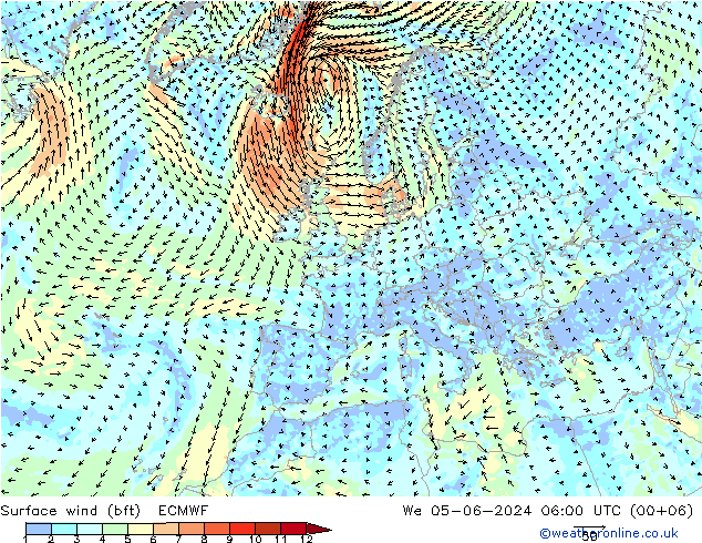 Viento 10 m (bft) ECMWF mié 05.06.2024 06 UTC