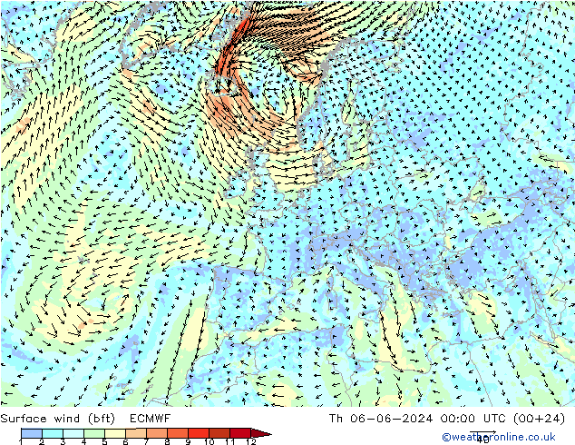 Rüzgar 10 m (bft) ECMWF Per 06.06.2024 00 UTC