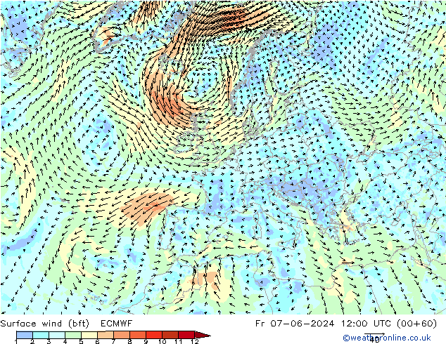 Surface wind (bft) ECMWF Fr 07.06.2024 12 UTC