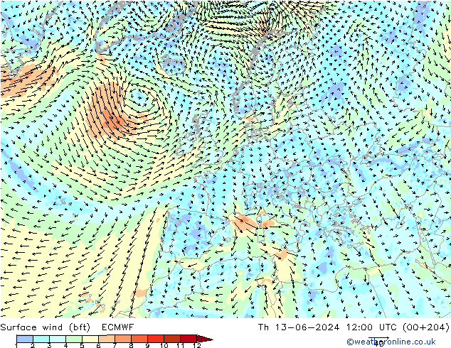 ве�Bе�@ 10 m (bft) ECMWF чт 13.06.2024 12 UTC