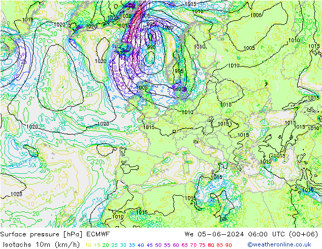 Isotachen (km/h) ECMWF Mi 05.06.2024 06 UTC