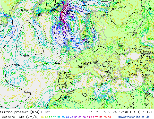 Izotacha (km/godz) ECMWF śro. 05.06.2024 12 UTC