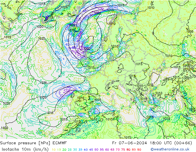 Isotachs (kph) ECMWF ven 07.06.2024 18 UTC