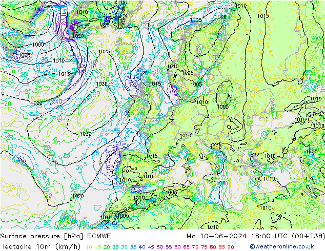 Isotachs (kph) ECMWF Mo 10.06.2024 18 UTC