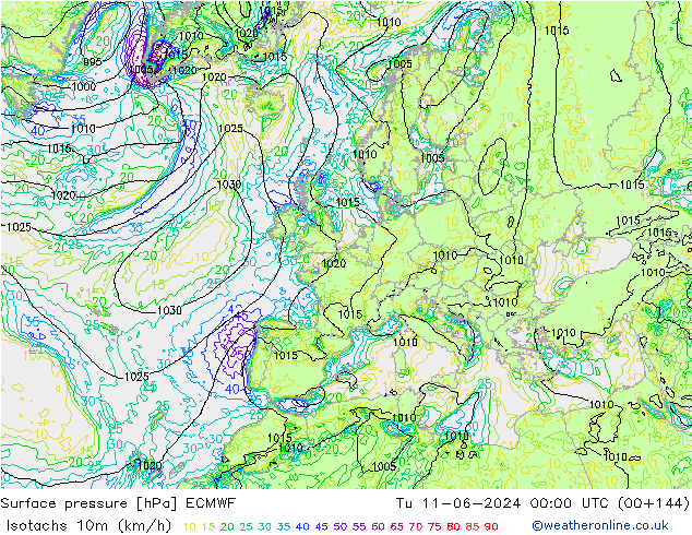 Isotachs (kph) ECMWF mar 11.06.2024 00 UTC