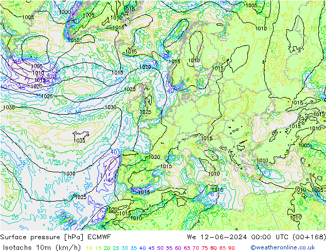 Isotachen (km/h) ECMWF Mi 12.06.2024 00 UTC