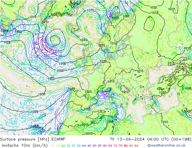 Isotachs (kph) ECMWF gio 13.06.2024 06 UTC