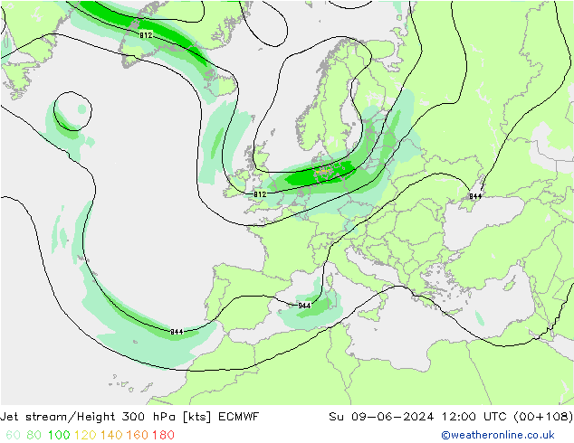 Jet stream/Height 300 hPa ECMWF Su 09.06.2024 12 UTC