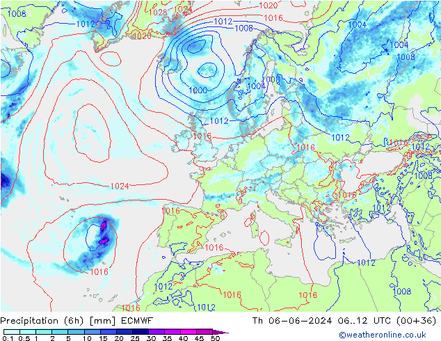 Z500/Rain (+SLP)/Z850 ECMWF czw. 06.06.2024 12 UTC