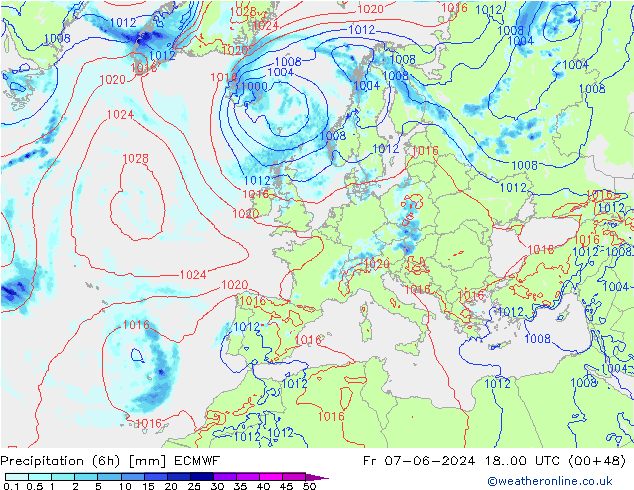 Z500/Rain (+SLP)/Z850 ECMWF Pá 07.06.2024 00 UTC