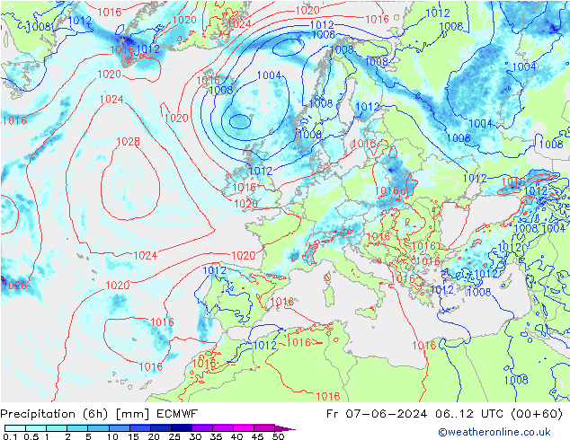 Z500/Rain (+SLP)/Z850 ECMWF Fr 07.06.2024 12 UTC