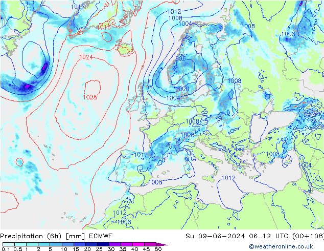 Totale neerslag (6h) ECMWF zo 09.06.2024 12 UTC