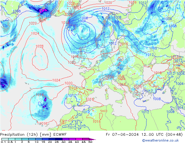 Precipitation (12h) ECMWF Pá 07.06.2024 00 UTC