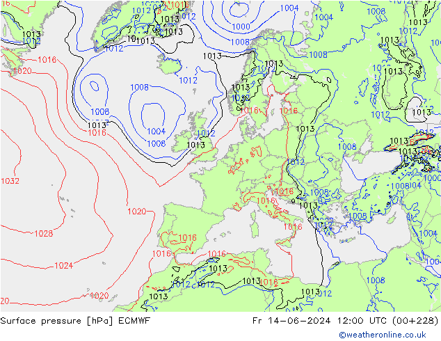 Presión superficial ECMWF vie 14.06.2024 12 UTC