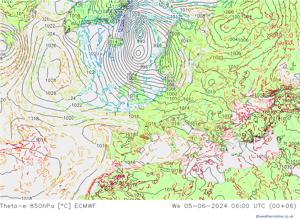 Theta-e 850hPa ECMWF mié 05.06.2024 06 UTC