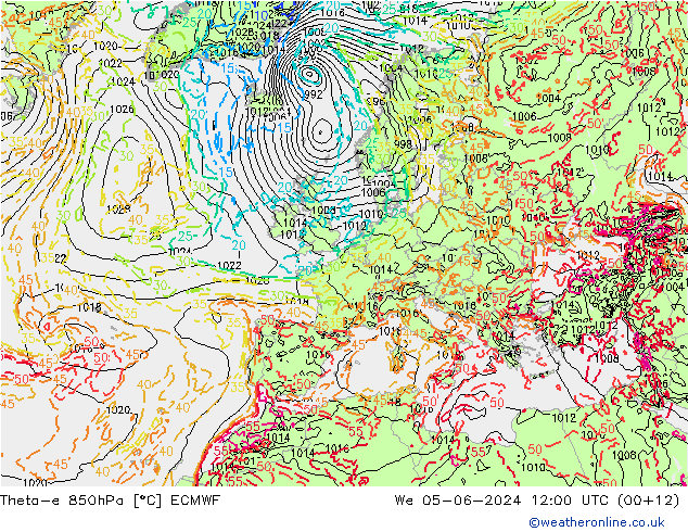 Theta-e 850hPa ECMWF śro. 05.06.2024 12 UTC