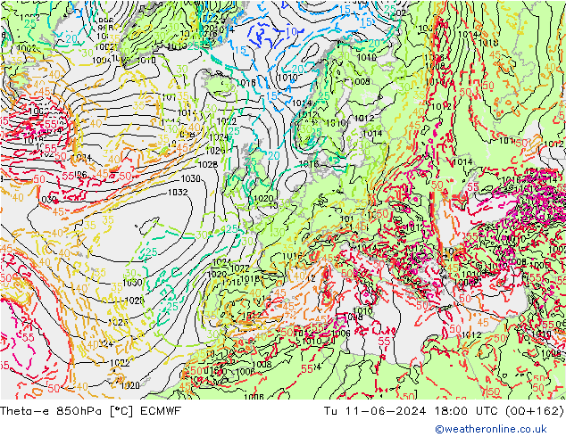 Theta-e 850hPa ECMWF Di 11.06.2024 18 UTC