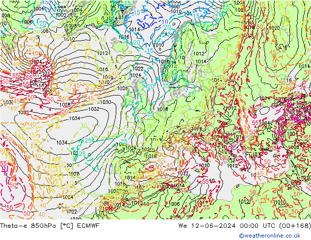 Theta-e 850hPa ECMWF śro. 12.06.2024 00 UTC