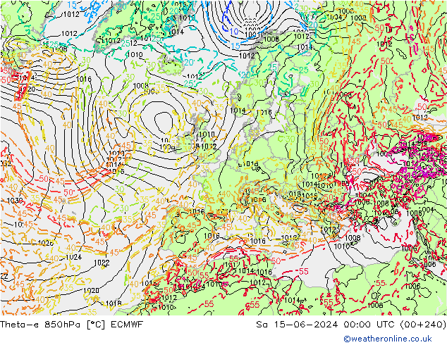 Theta-e 850hPa ECMWF Cts 15.06.2024 00 UTC