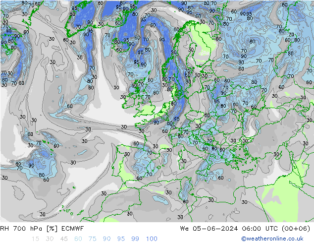 Humidité rel. 700 hPa ECMWF mer 05.06.2024 06 UTC