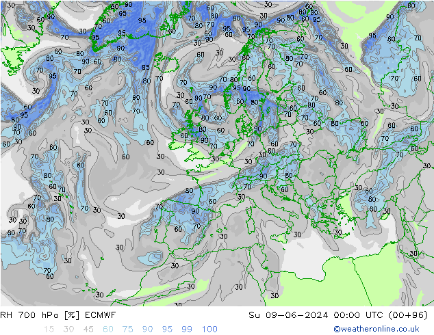 RH 700 hPa ECMWF Dom 09.06.2024 00 UTC