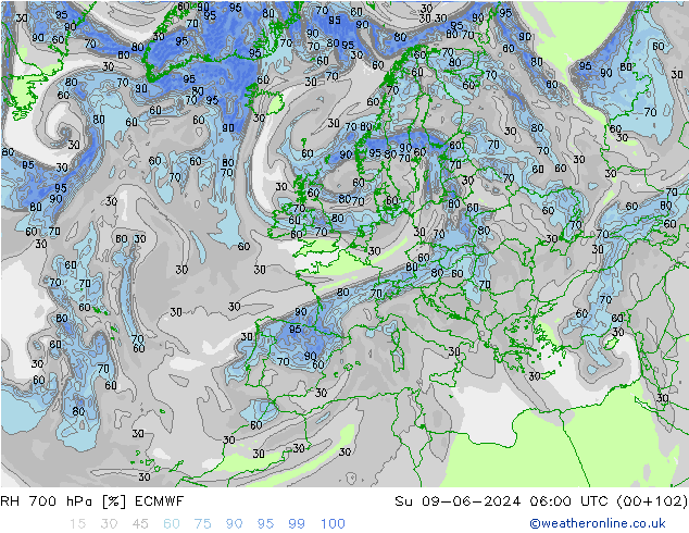 RH 700 гПа ECMWF Вс 09.06.2024 06 UTC