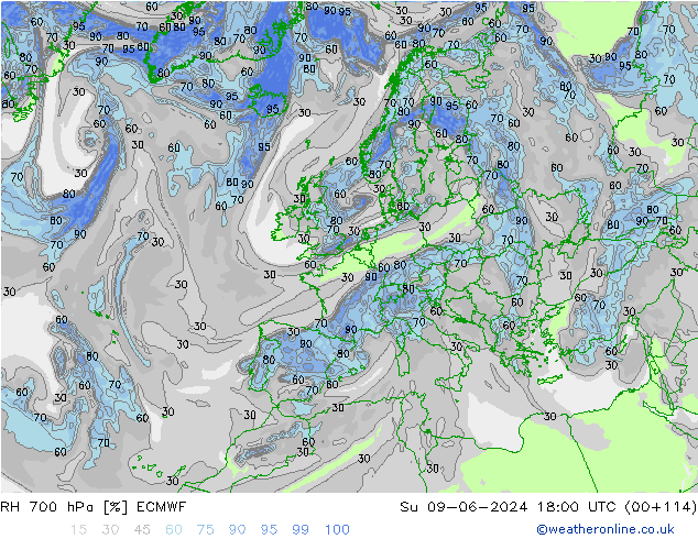 RH 700 hPa ECMWF Ne 09.06.2024 18 UTC