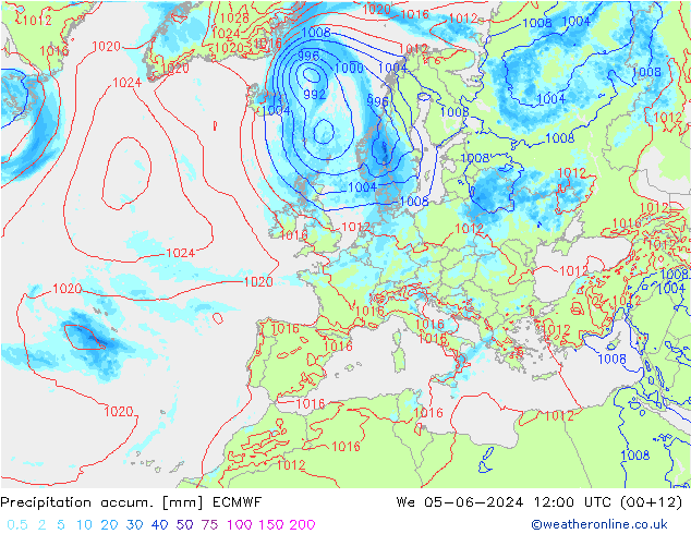 Precipitation accum. ECMWF Qua 05.06.2024 12 UTC