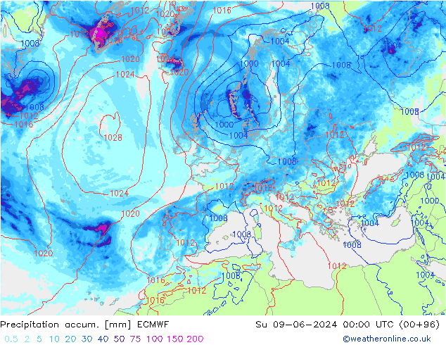 Precipitation accum. ECMWF Dom 09.06.2024 00 UTC